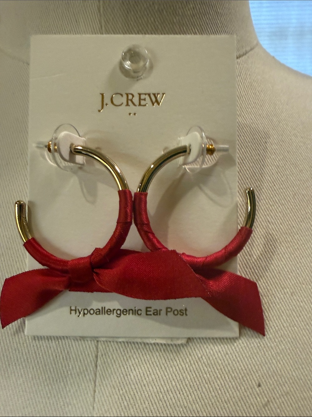 J. Crew Factory Gold Hoop Earrings with Red Satin Bow Wrap